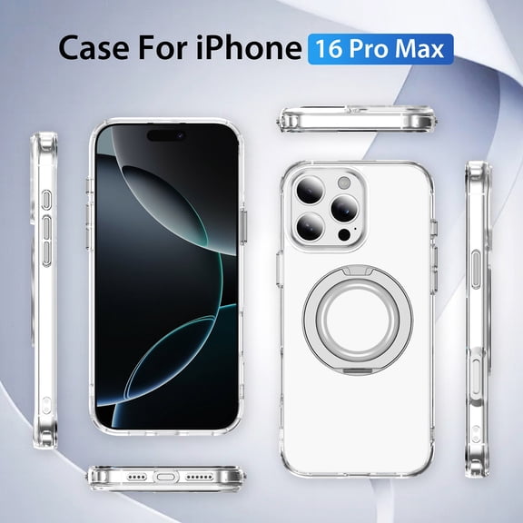 Alpha Digital Magnetic with Ring Stand Case for iPhone16 ProMax, 360° Rotatable Invisible Ring Stand, Fit for MagSafe, Shock Absorption Bumper, 360° Shockproof, Transparent Protective Back Cover