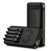 Alpha Digital 10000mAh Solar Power Bank with Wireless Charging and Built-in Cables, Black