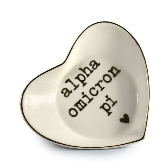 Sorority Shop Alpha Omicron Pi Jewelry Dish - Heart-Shaped High-gloss finish Ceramic tray with Gold Detailing, Multi-Function Ceramic Ring Dish for Home or Office, Ideal for Jewelry and Keys