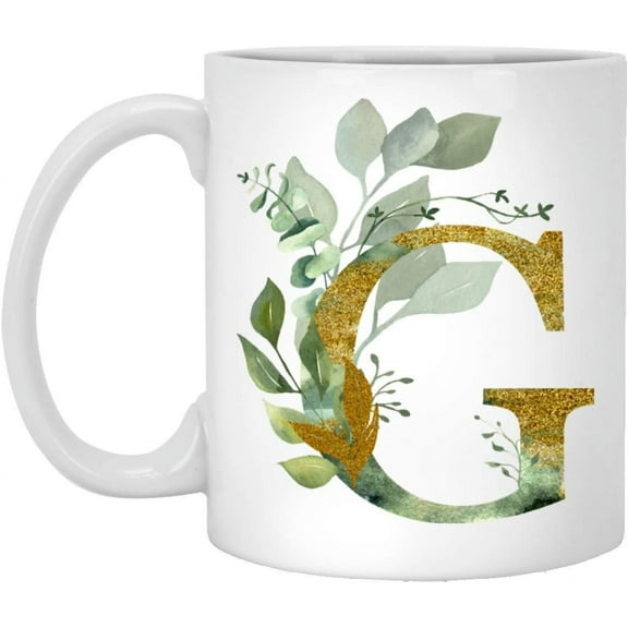 Alpha/G Graphic Letter G Coffee Mug - Alphabet Letter Monogram G - Gold Shimmer Any Letter Floral Alphabet Tea Coffee Hot Chocolate Cup For Her Birthday Christmas Mothers Day Coffee Mug 11oz