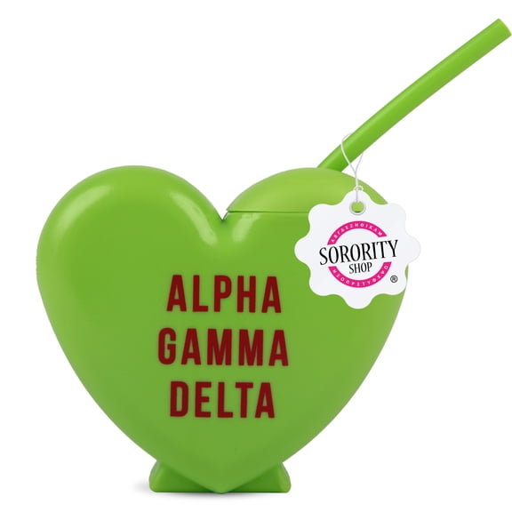 Alpha Gamma Delta Tumbler with Straw - Candy Heart Shaped 16 Oz Tumbler with Lid and Silicone Straw, Reusable Plastic Cup with Screen Printed Sorority Name for any Cold Drink