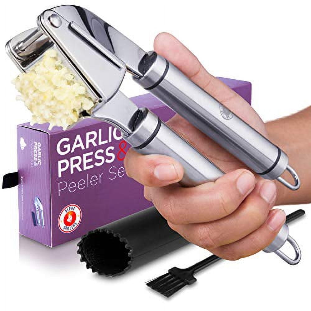 Garlic Press Stainless Steel Mincer And Crusher With Silicone Roller  Peeler. Rust Proof, Easy Squeeze, Dishwasher Safe, Easy Clean