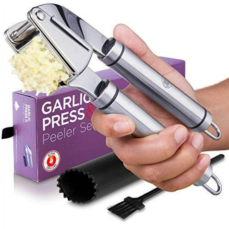 Alpha Grillers Garlic Press Stainless Steel Mincer and Crusher with Silicone Roller Peeler. Rust Proof, Easy Squeeze, Dishwasher