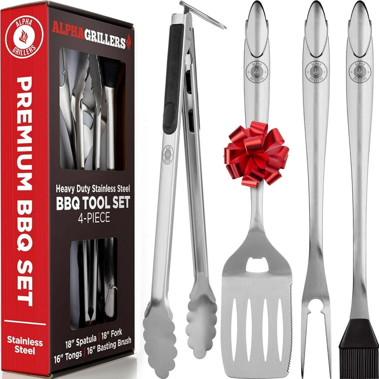 Alpha Grillers Grill Set Heavy Duty BBQ Accessories - BBQ Gifts Tool Set  4pc Grill Accessories with Spatula, Fork, Brush & BBQ Tongs - Grilling  Cooking Gifts for Men Dad Durable, Stainless