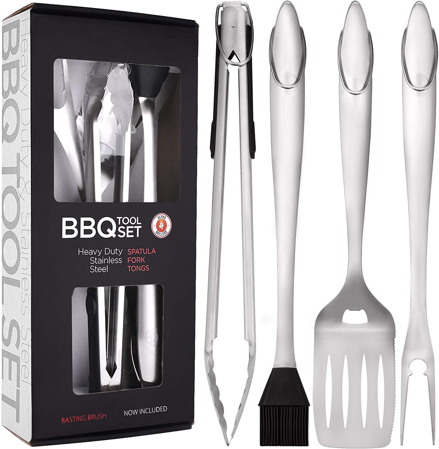 Heavy Duty BBQ Grilling Tools Set. Extra Thick Stainless Steel Spatula, Fork, Basting Brush & Tongs. Gift Box Package. Best for Barbecue & Grill. 18 Inch Utensils Turner Accessories - image 1 of 3