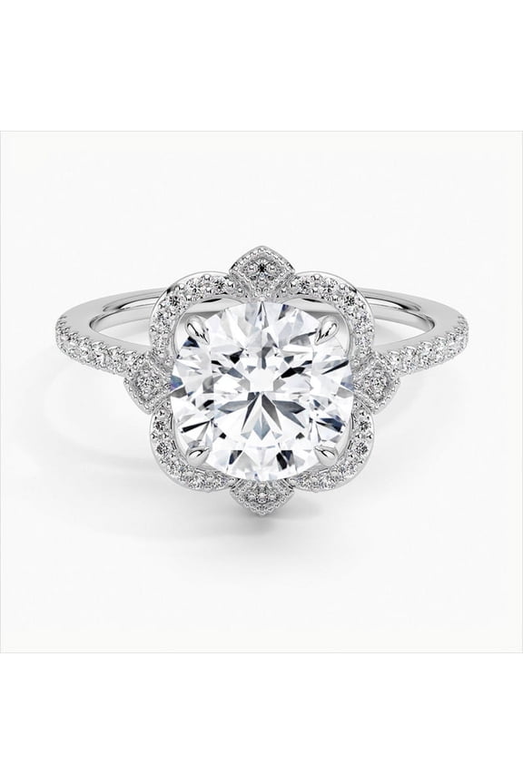 14K Gold Plated - 2.1 Ct Round Cut Moissanite Ring - Floral Moissanite Ring for Women's - Eternity Band Moissanite Ring for Women's - Milgrain Moissanite Ring for Her