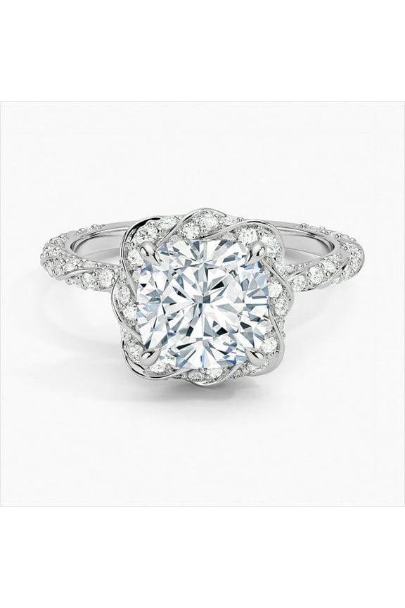 14K Gold Plated Moissanite Ring - Cushion Cut Excellent 1.9 Ct Moissanite Ring For Women's - Floral Moissanite Ring for Women's - Flower Shape Halo Moissanite Ring for Women's