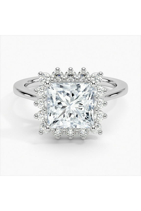 Halo Moissanite Ring for Women's - 14K Gold Plated Ring for Women's - Excellent 2 Ct Princess Cut Moissanite Ring for Her - Floral Moissanite Ring for Her