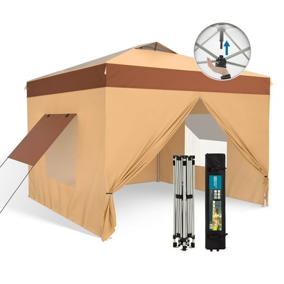 Alpha Joy 10'x 10' Instant Canopy Outdoor Ez Up Outdoor Canopy Shelter Tent with 4 Side Walls, Beige