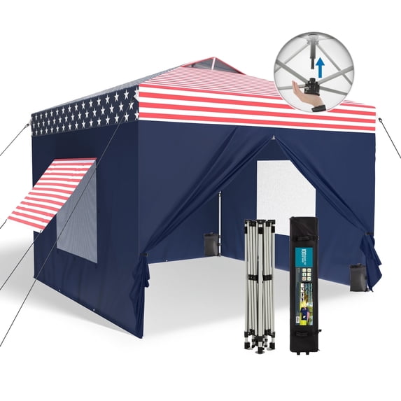 Alpha Joy 10'x 10' Instant Canopy Outdoor Ez Up Outdoor Canopy Shelter Tent with 4 Side Walls, Flag