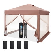 Alpha Joy 10' x 10' One Push Setup Canopy Tent with Netting Portable Outdoor Event Tent Canopy with Roller Bag, Brown
