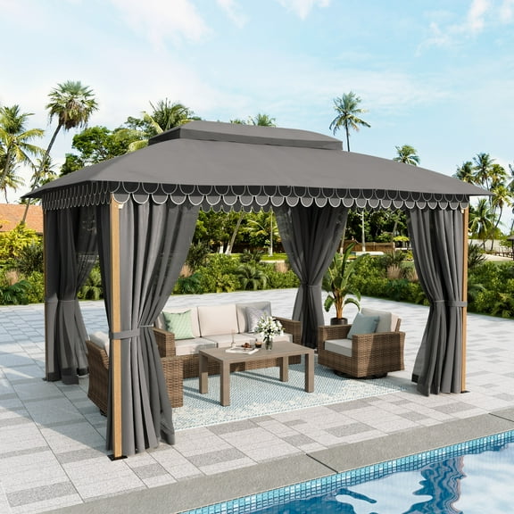 Alpha Joy 10'x13' Outdoor Gazebo Ventilated Double Roof Metal Gazebo Shelter with Mosquito Netting and Privacy Curtains for Patio, Backyard, Deck and Lawn, Grey