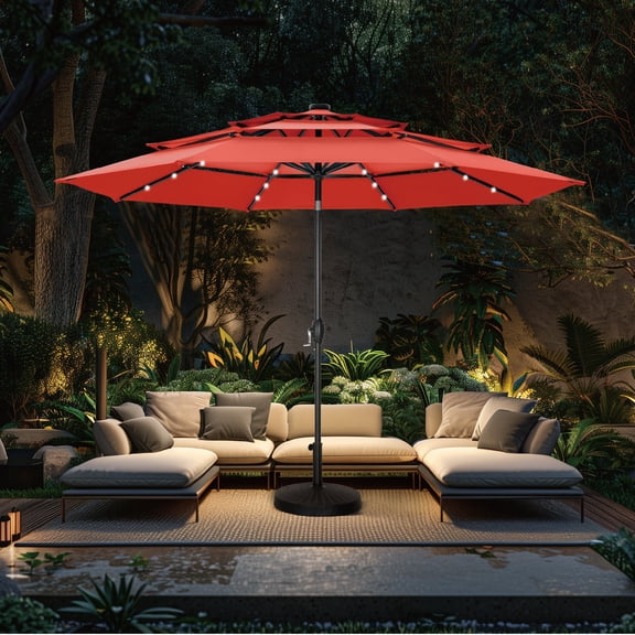 Alpha Joy 10ft 3-Tier Auto-Tilt Patio Umbrella, Steel Pole & Ribs – Double Vented, Solar Lights, Orange Red