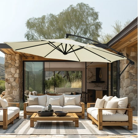 Alpha Joy 10ft Outdoor Patio Offset Market Hanging Umbrella with 8 Steel Ribs & Cross Base(Include Weight), White