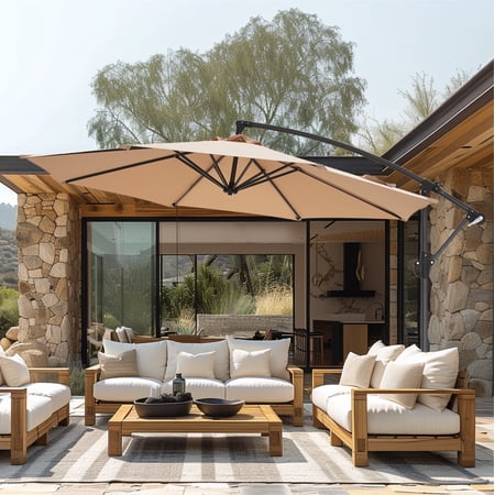 Alpha Joy 10ft Outdoor Patio Offset Market Hanging Umbrella with 8 Steel Ribs & Cross Base(No Weight), Beige