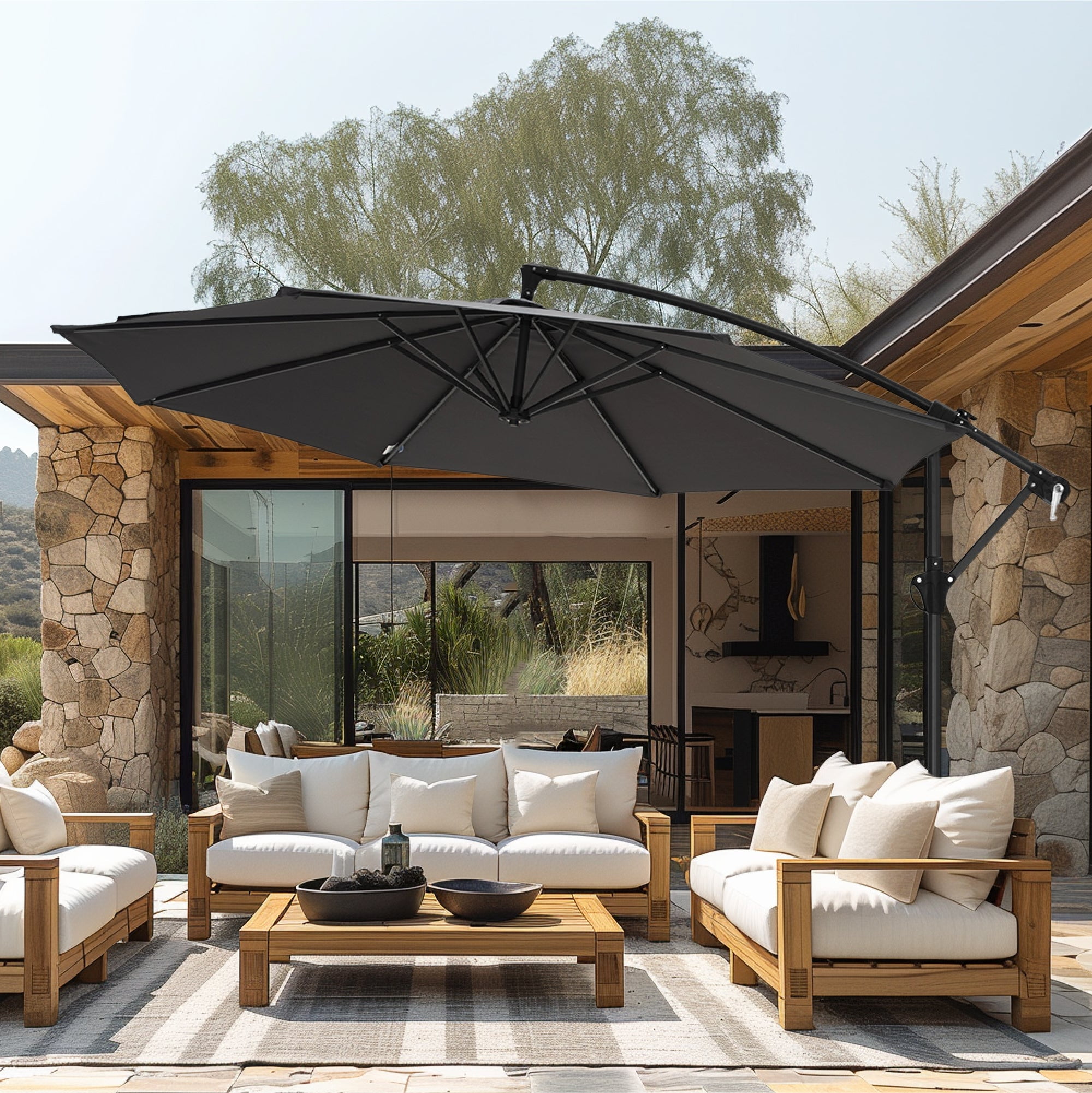 Alpha Joy 10ft Outdoor Patio Offset Market Hanging Umbrella with 8 Steel Ribs & Cross Base(No Weight), Charcoal Gray