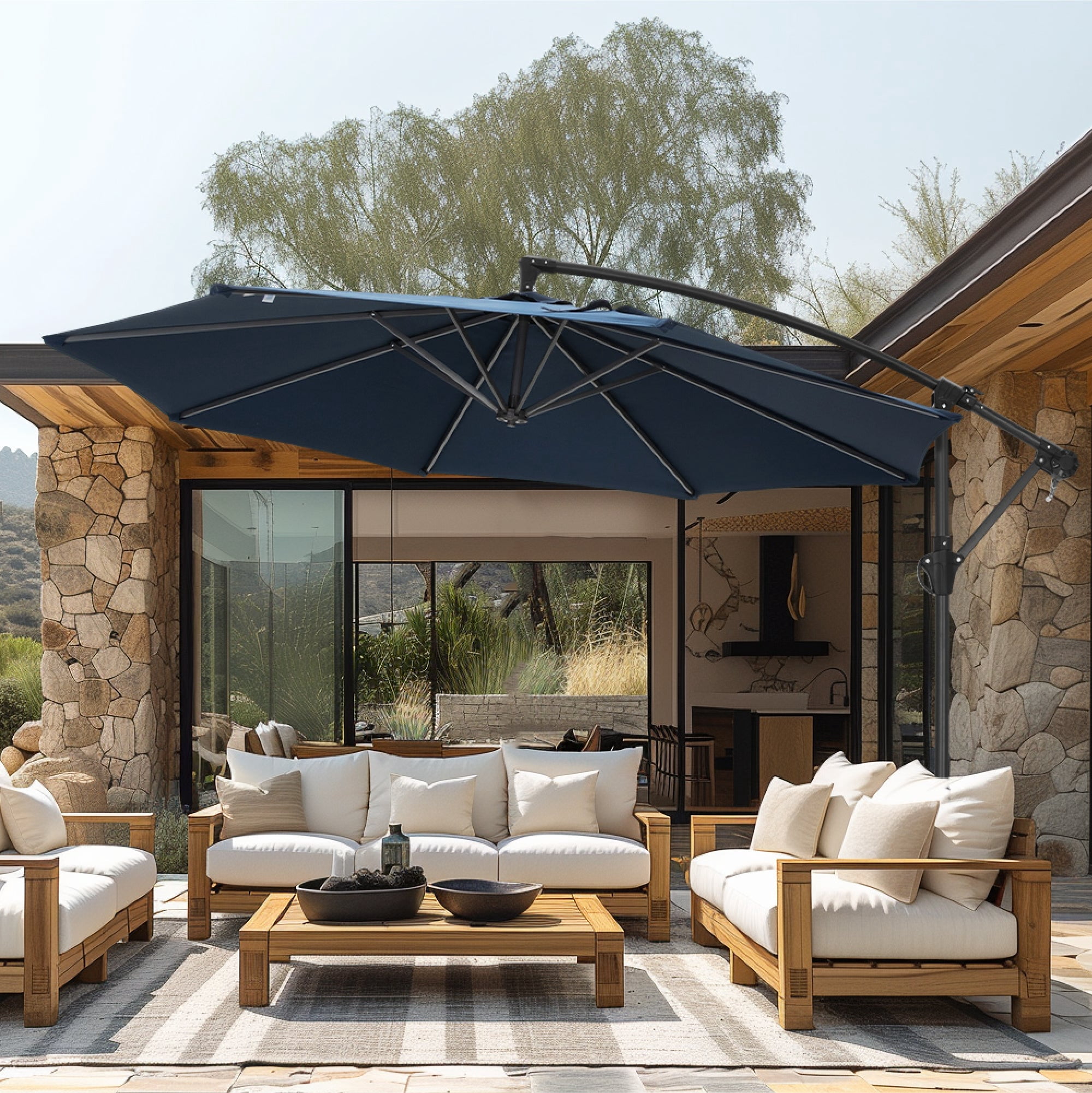 Alpha Joy 10ft Outdoor Patio Offset Market Hanging Umbrella with 8 Steel Ribs & Cross Base(No Weight), Navy Blue