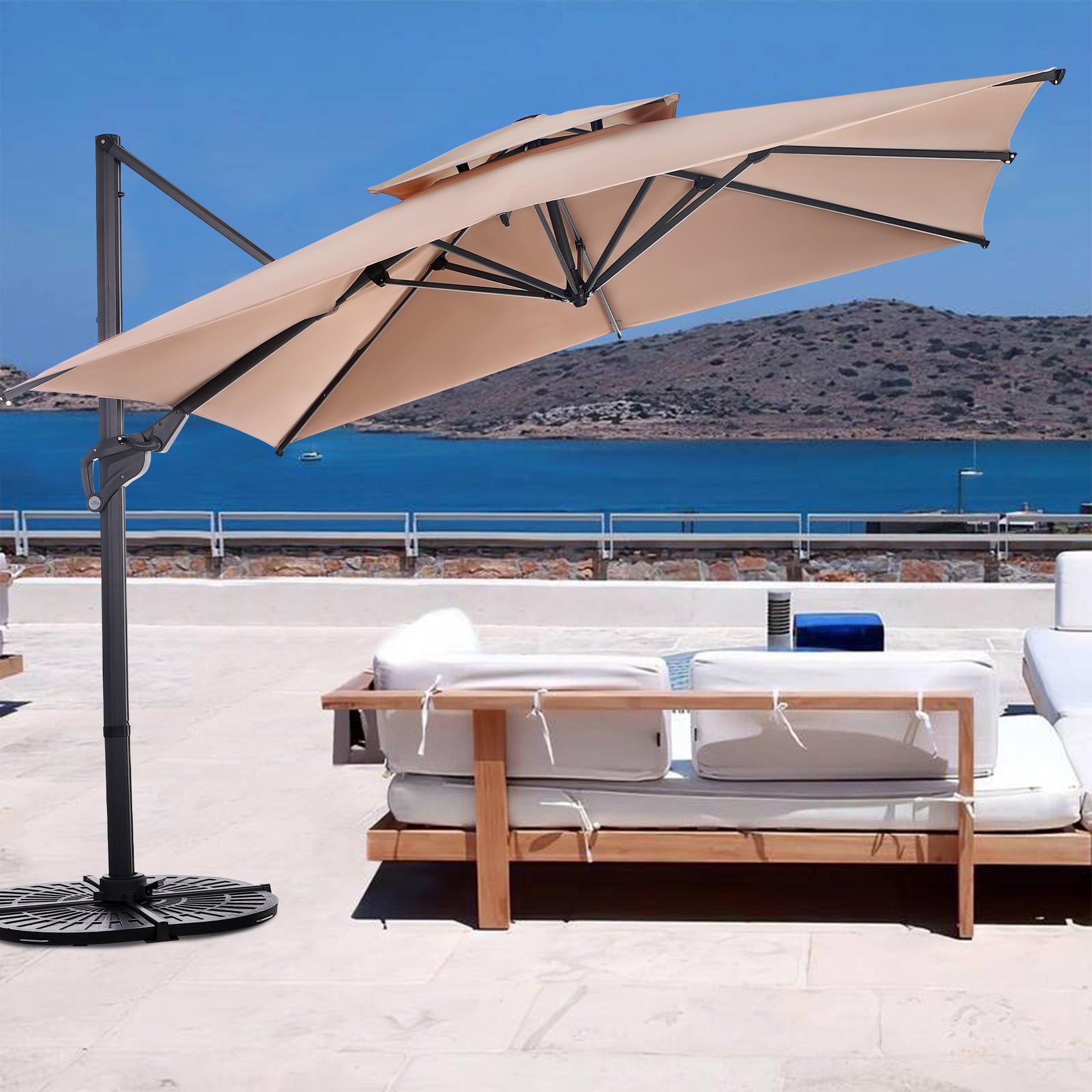 Tan 10 ft Double Top Aluminum Cantilever Patio Umbrella