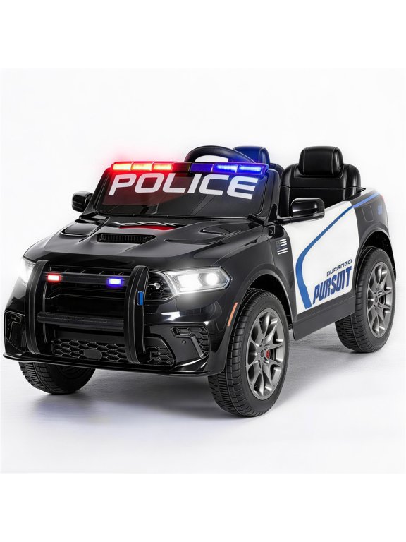 12V Kids Ride On 2-Seat Police Car Electric Toy Car with Megaphone, Remote Control, 3 Speeds, Electric Toy Car for Ages 3+, Black