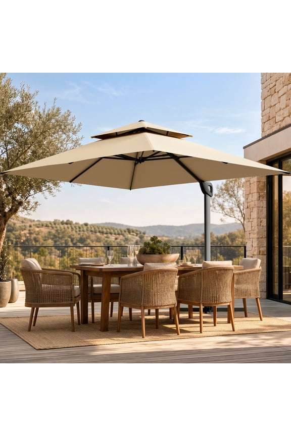 12x9ft Outdoor Patio Umbrella Large Rectangle Offset Cantilever Double Umbrella with 360°Rotation, Beige