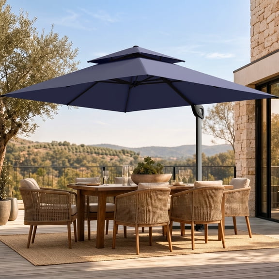 Alpha Joy 12x9ft Outdoor Patio Umbrella Large Rectangle Offset Cantilever Double Umbrella with 360°Rotation, Navy Blue