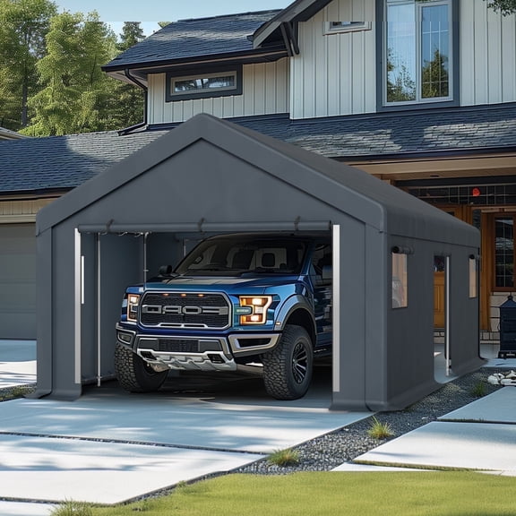 Sophia & William 13' x 24' x 9.6' Heavy Duty Carport with Roll-up Sidewall & Ventilated Windows, Galvanized Steel Frame Outdoor Storage Shed Carport with Reflective Strip Design, Gray