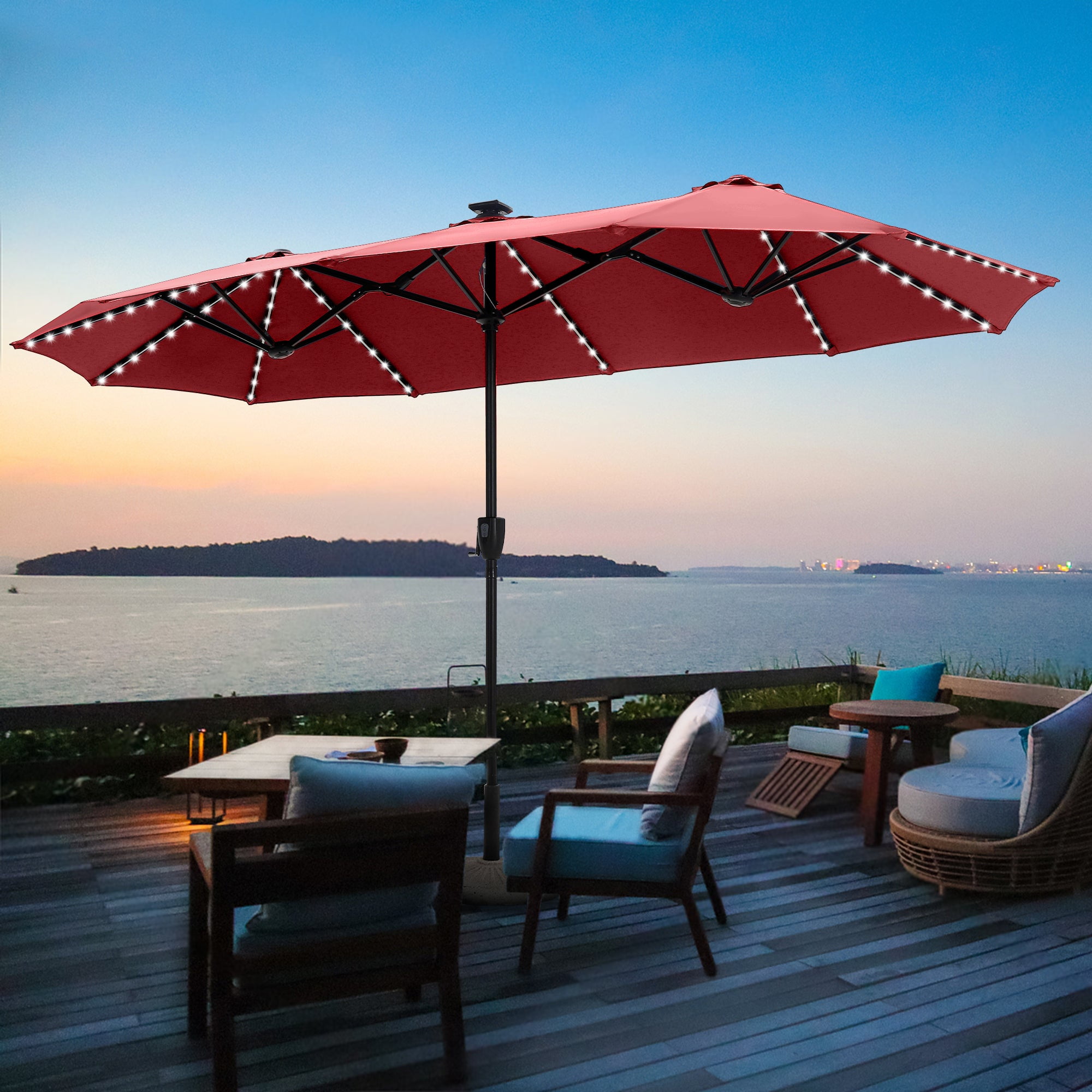 Alpha Joy 13ft Large Double-Sided Outdoor Patio Umbrella with Colorful Solar Lights, Burgundy