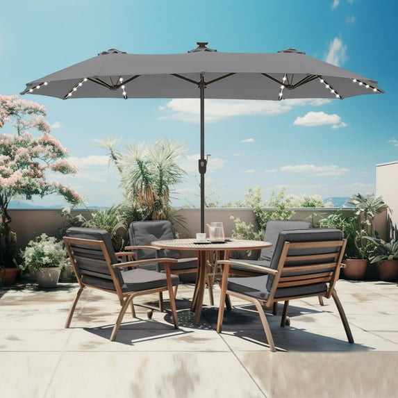 Alpha Joy 13ft Large Double-Sided Outdoor Patio Umbrella with Colorful Solar Lights, Smoky Gray