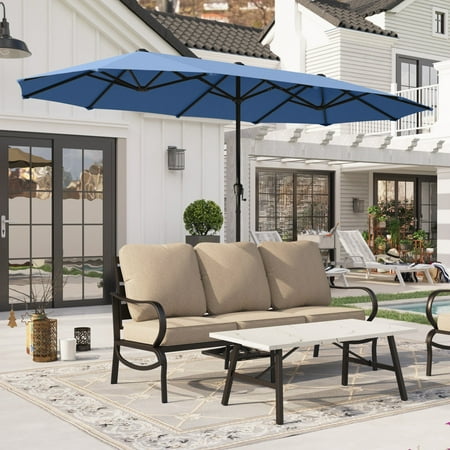 Alpha Joy 13x6.5ft Double-Sided Extra Large Outdoor Patio Market Rectangle Umbrella with Crank Handle, Haze Blue