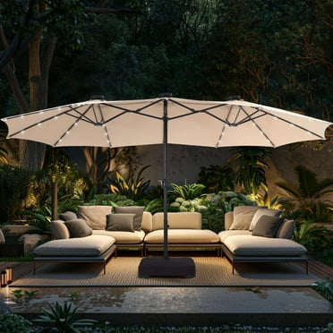 Alpha Joy 15ft Extra Large Outdoor Patio Double-Sided Umbrella with LED Solar Lights & Umbrella Base, Beige
