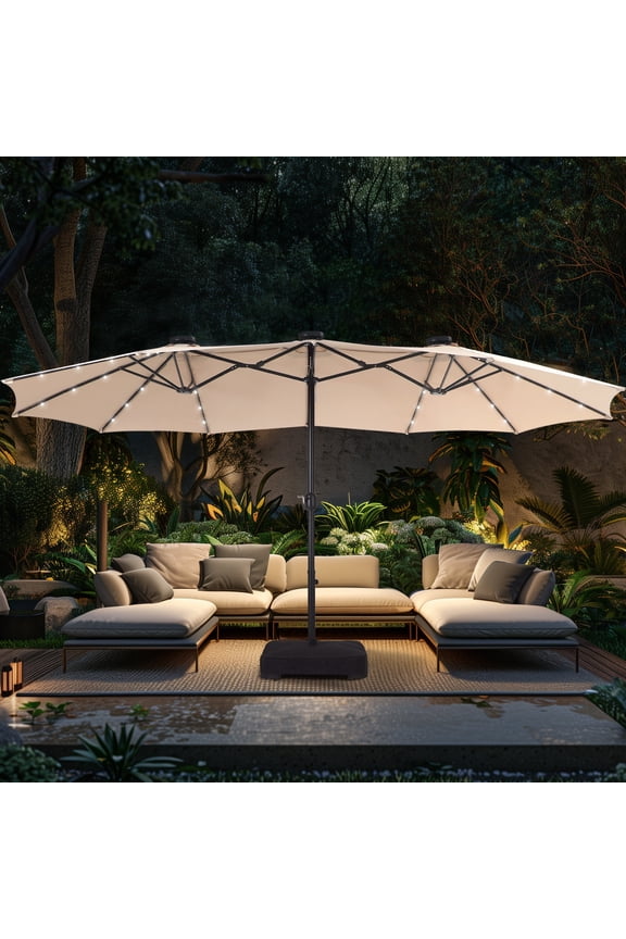 15ft Extra Large Outdoor Patio Double-Sided Umbrella with LED Solar Lights & Umbrella Base, Beige