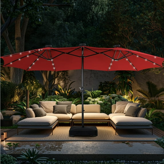 Alpha Joy 15ft Extra Large Outdoor Patio Double-Sided Umbrella with Solar Lights & Umbrella Base, Burgundy