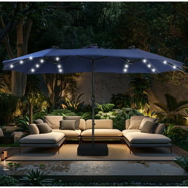 Alpha Joy 15ft Extra Large Outdoor Patio Double-Sided Umbrella with Solar Lights & Umbrella Base, Navy Blue