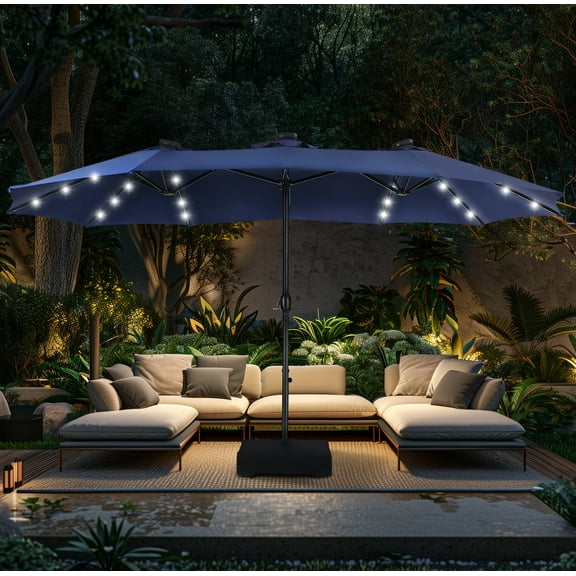 Alpha Joy 15ft Extra Large Outdoor Patio Double-Sided Umbrella with Solar Lights & Umbrella Base, Navy Blue