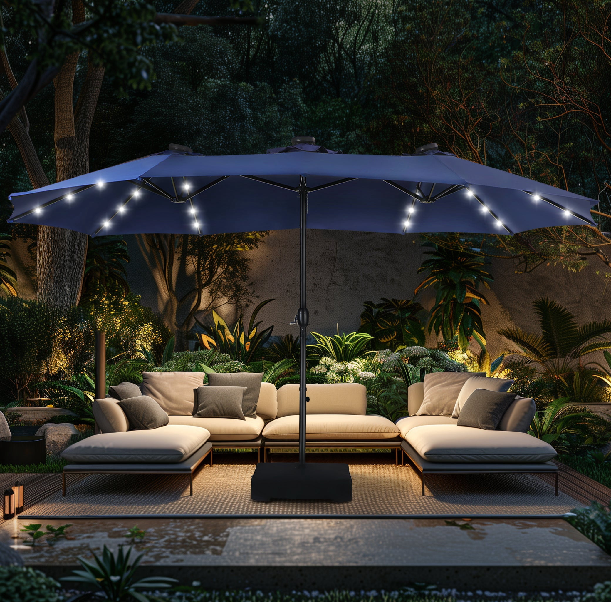 Alpha Joy 15ft Extra Large Outdoor Patio Double-Sided Umbrella with Solar Lights & Umbrella Base, Navy Blue