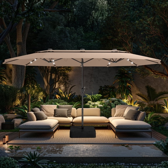 Alpha Joy 15ft Dual-Layer Extra Large Outdoor Patio Umbrella Double-Sided Ventilation Umbrella with Led Lights & Umbrella Base, Beige
