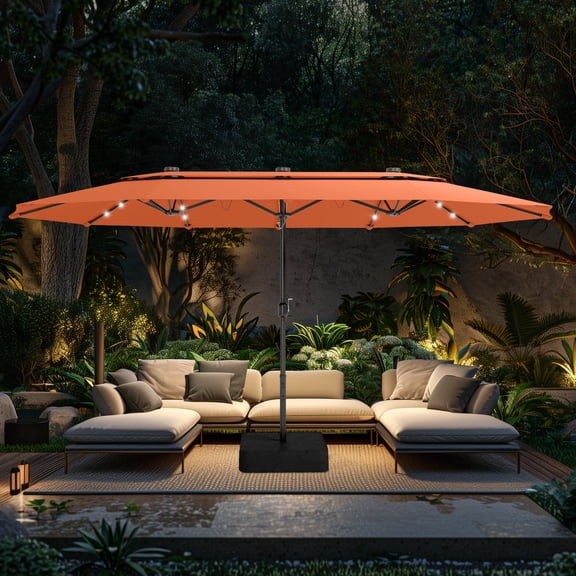 Alpha Joy 15ft Extra Large Outdoor Patio Umbrella Double-Sided Ventilation Umbrella with Led Lights & Umbrella Base, Orange Red