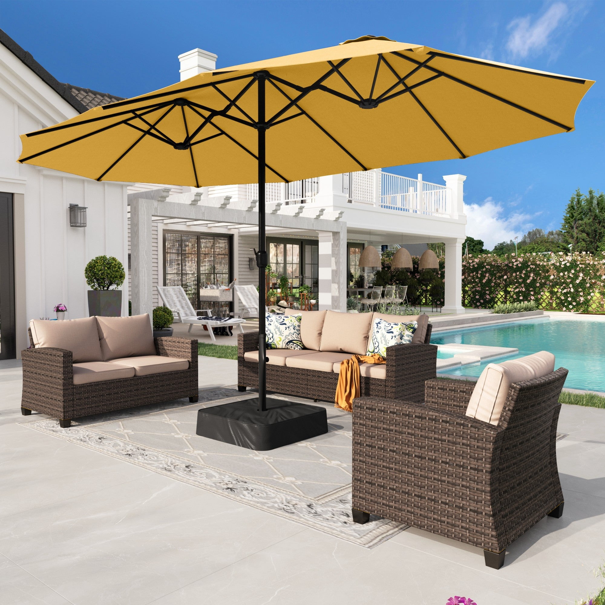 best patio umbrella with stand SUPERJARE 13FT Outdoor for Patio, Double sided Pool Umbrellas Fade Resistant Canopy, Large Table Umbrella for Deck, Market, Backyard in wheels paired with a front Best Patio Umbrellas 2026 -