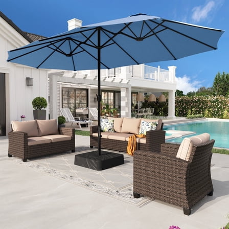 Alpha Joy 15ft Outdoor Patio Umbrella Extra-Large Double-Sided Garden Umbrella with Crank Handle and Base - Haze Blue