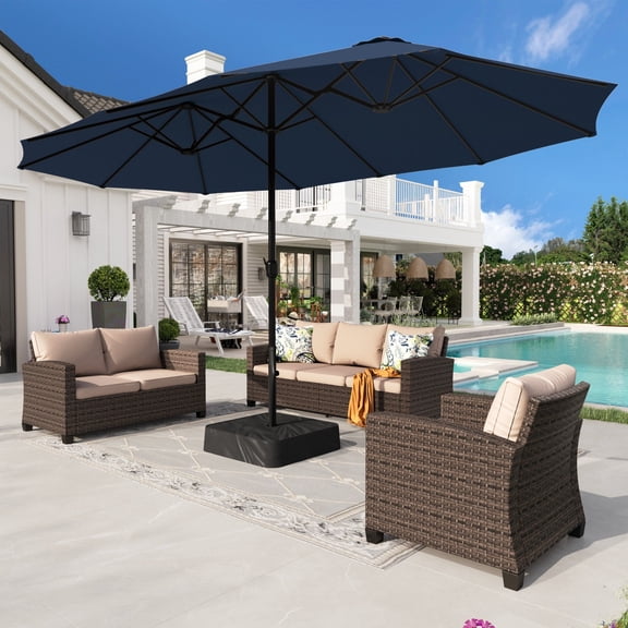 Alpha Joy 15ft Outdoor Patio Umbrella Extra-Large Double-Sided Garden Umbrella with Crank Handle and Base - Navy Blue