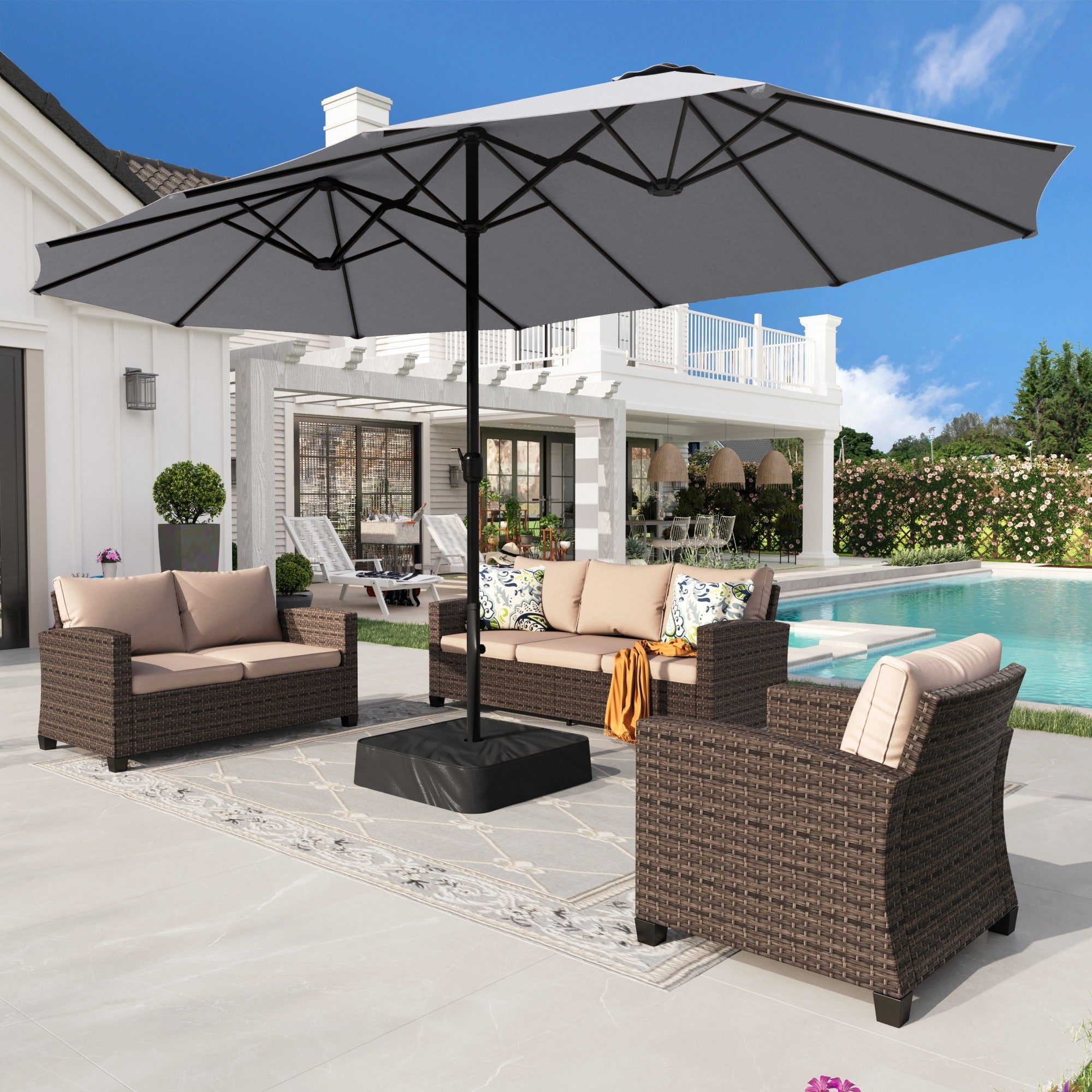 Walmart Saving of  Alpha Joy 15ft Extra-Large Double-Sided Patio Umbrella for Backyard & Balcony with Crank Handle and Base - Light Gray