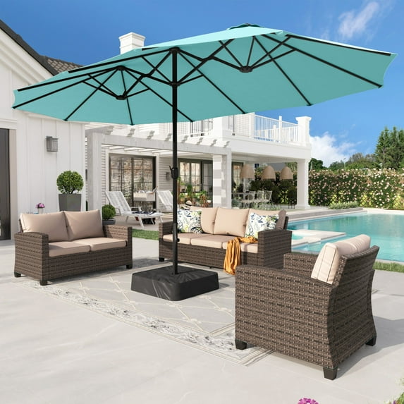 Alpha Joy 15ft Outdoor Patio Umbrella Extra-Large Double-Sided Garden Umbrella with Crank Handle and Base - Turquoise