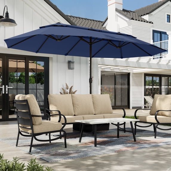 Alpha Joy 15ft Outdoor Patio Umbrella Extra-Large Double-Sided Garden Umbrella with Ventilation and Base - Navy