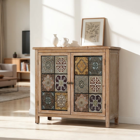 Alpha Joy 2-Door Accent Distressed Cabinet with Large Interior Storage, Retro Storage Cabinet with 2 Doors & Wood Frame, Checkered Patterns for Living Room, Entryway