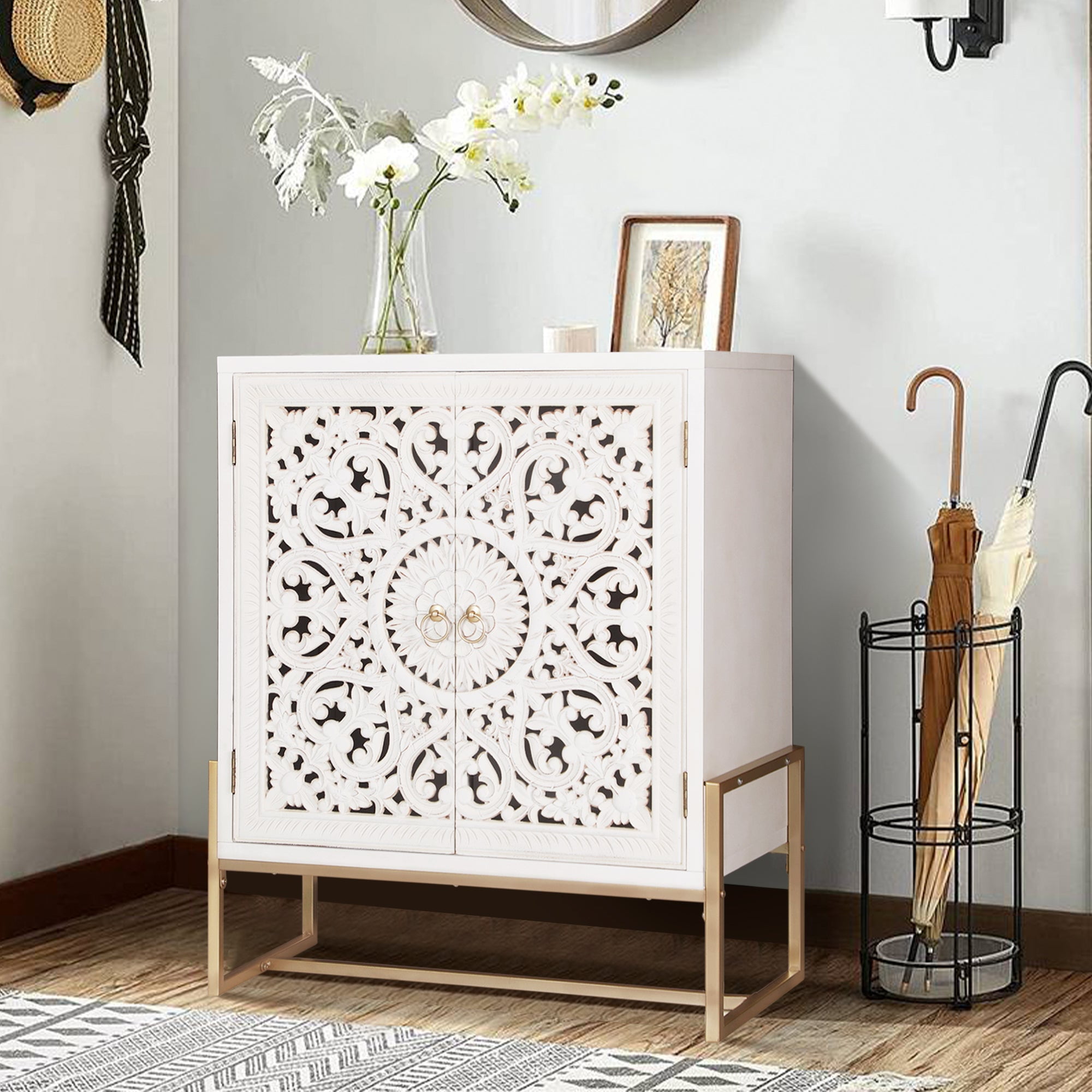37.4 in. White Carved Composite Accent Cabinet with Adjustable Shelving