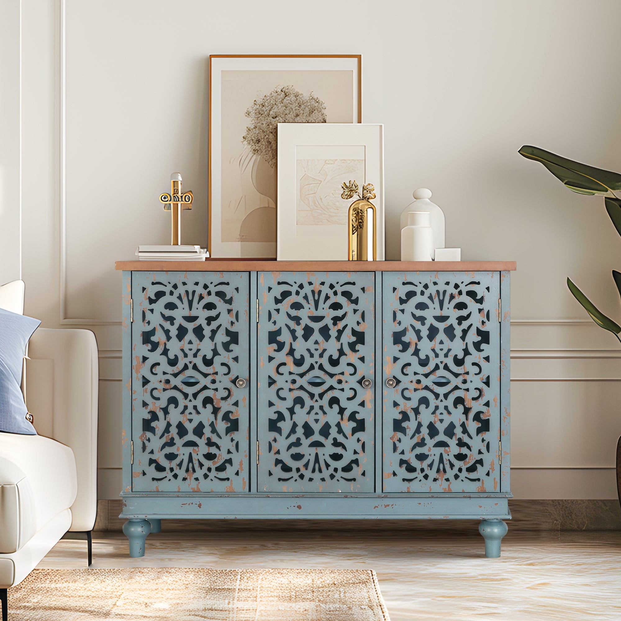 Alpha Joy Blue Accent Storage Credenza with 3 Doors for Living