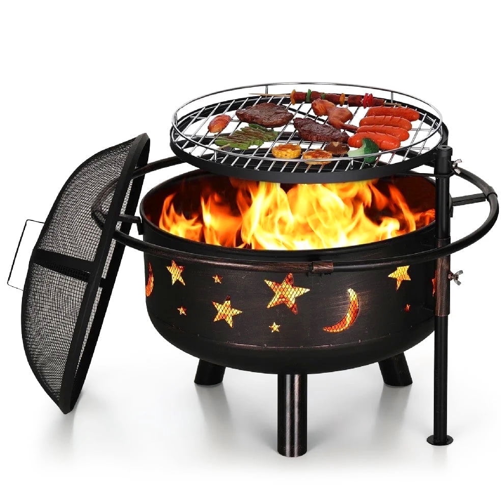 Alpha Joy 30" Outdoor Fire Pits 2 in 1 Round Wood Burning Fire Pit with Grill for Patio, Backyard & BBQ, Black