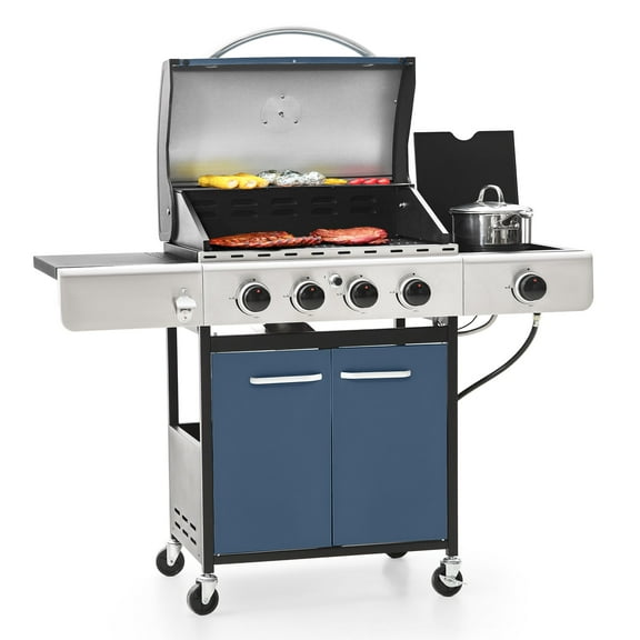 Alpha Joy 4-Burner Propane Gas BBQ Grill with Side Burner and 4 Wheels, Blue