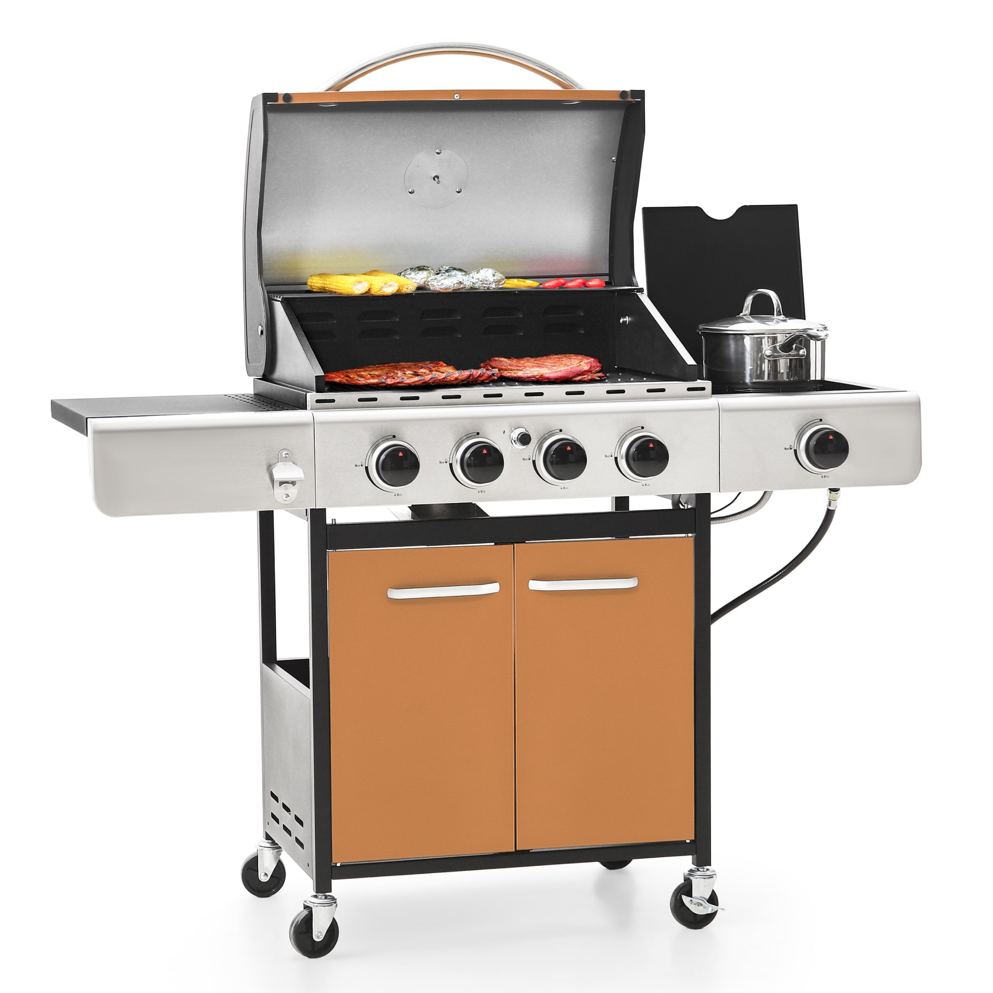 Alpha Joy 4-Burner Propane Gas BBQ Grill with Side Burner and 4 Wheels, Golden