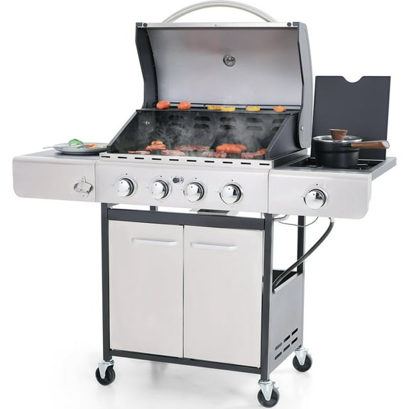 Alpha Joy 4-Burner Propane Gas BBQ Grill with Side Burner and Wheels Stainless Steel